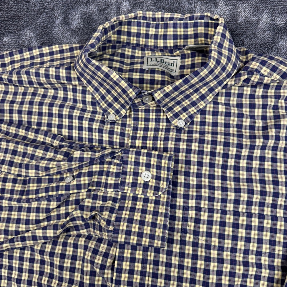 L.L. Bean Shirt Mens L Blue Yellow Plaid Button Down Long Sleeve Cotton